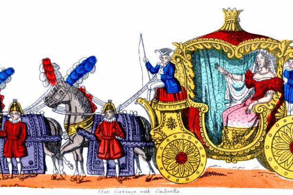 A coloured Victorian line drawing of a lavish gold coach and horses with large feathered plumes on their heads. Smartly dressed footmen accompany the coach which carries a waving lady in a pink gown