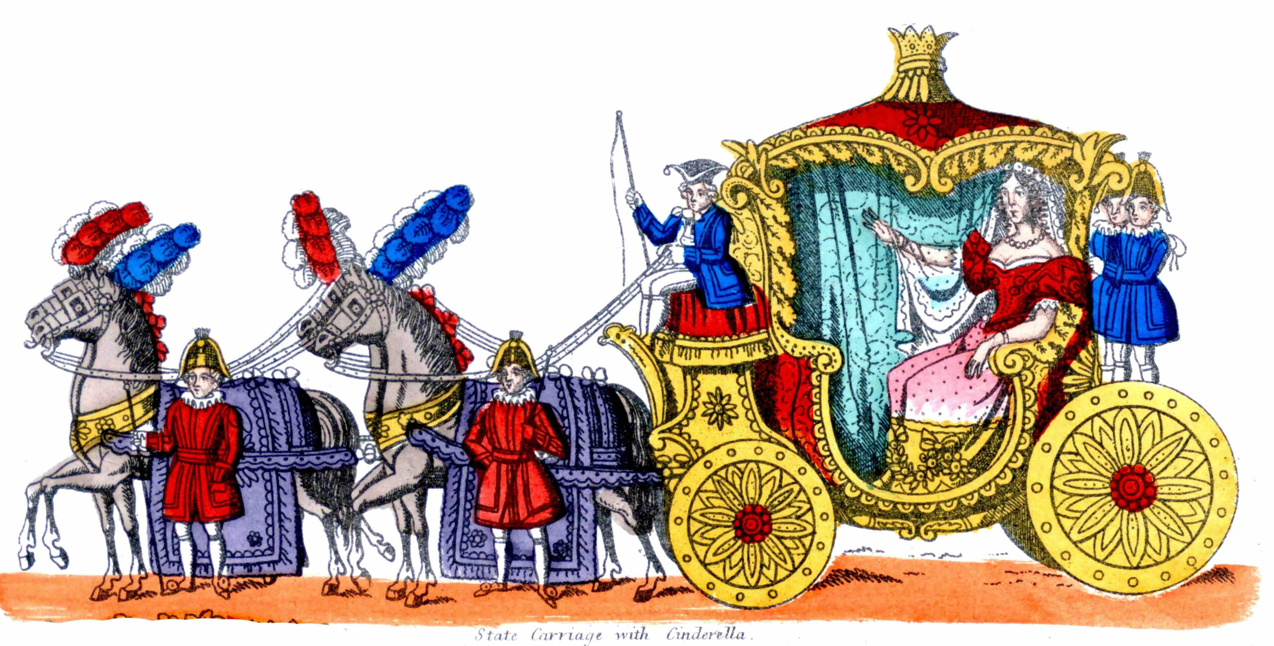 A coloured Victorian line drawing of a lavish gold coach and horses with large feathered plumes on their heads. Smartly dressed footmen accompany the coach which carries a waving lady in a pink gown